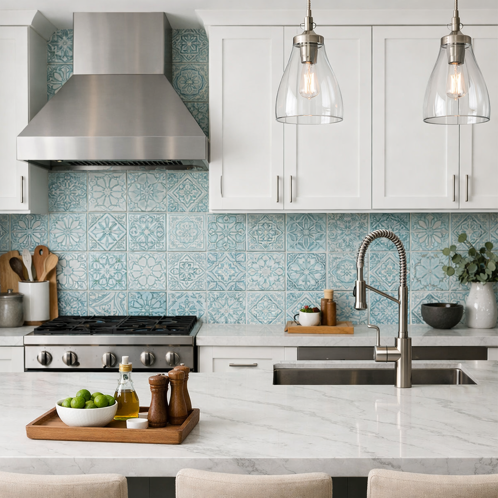 Light blue kitchen backsplash with white cabinetry and countertop