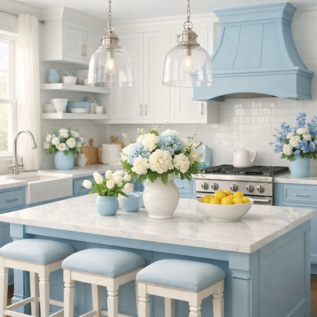 A light blue kitchen featuring elegant white accents, floral arrangements, and a cozy seating area.