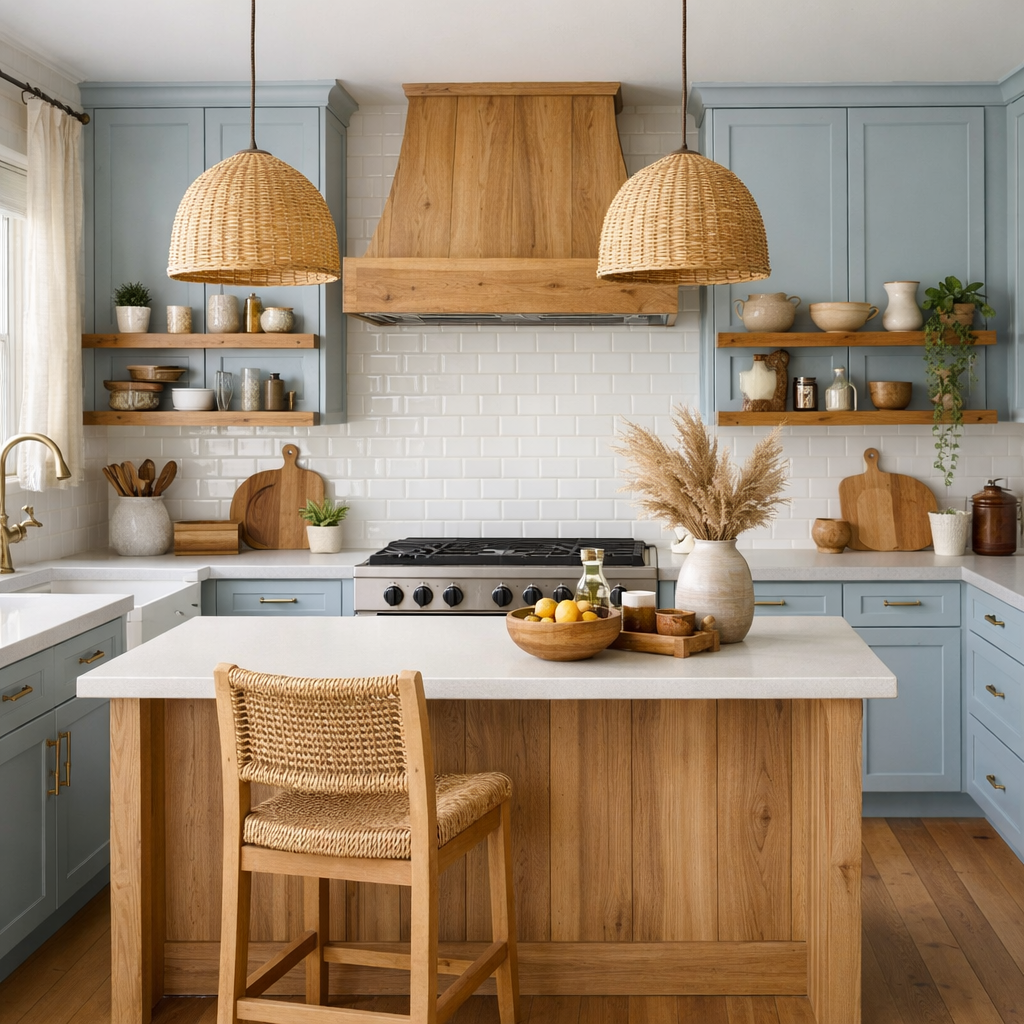 A kitchen featuring light blue cabinetry and wooden elements, evoking a cozy atmosphere.