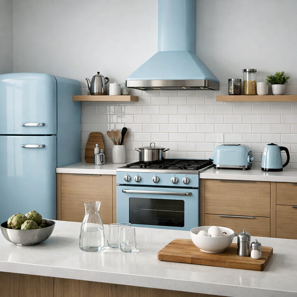 Bright light blue kitchen featuring matching appliances