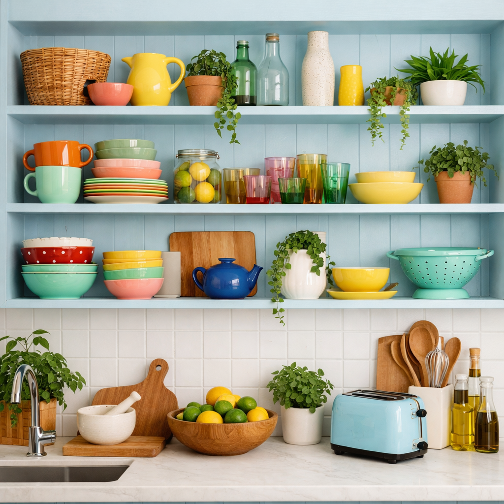 Open shelving in a light blue kitchen showcasing colorful dishware and plants.