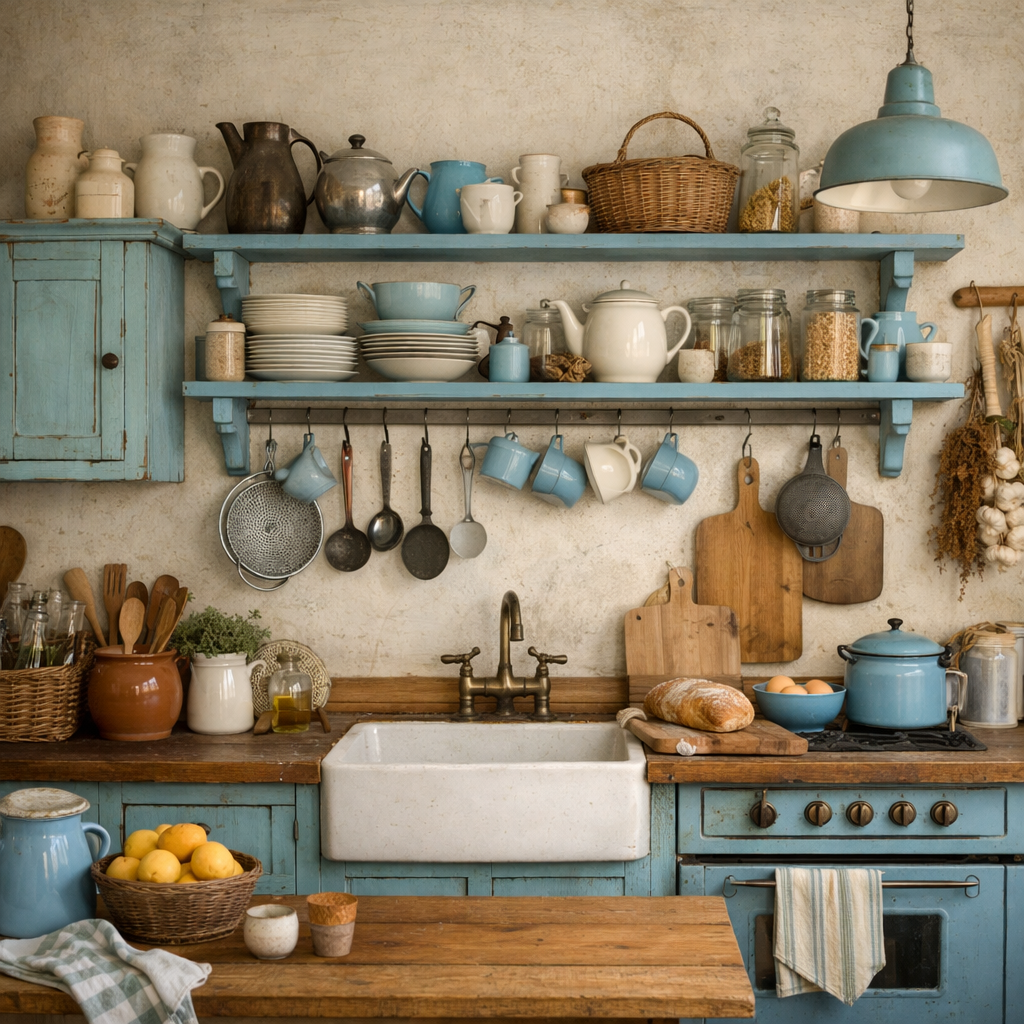 A rustic kitchen with light blue accents, featuring open shelves filled with dishes, a farmhouse sink, and natural wood elements.