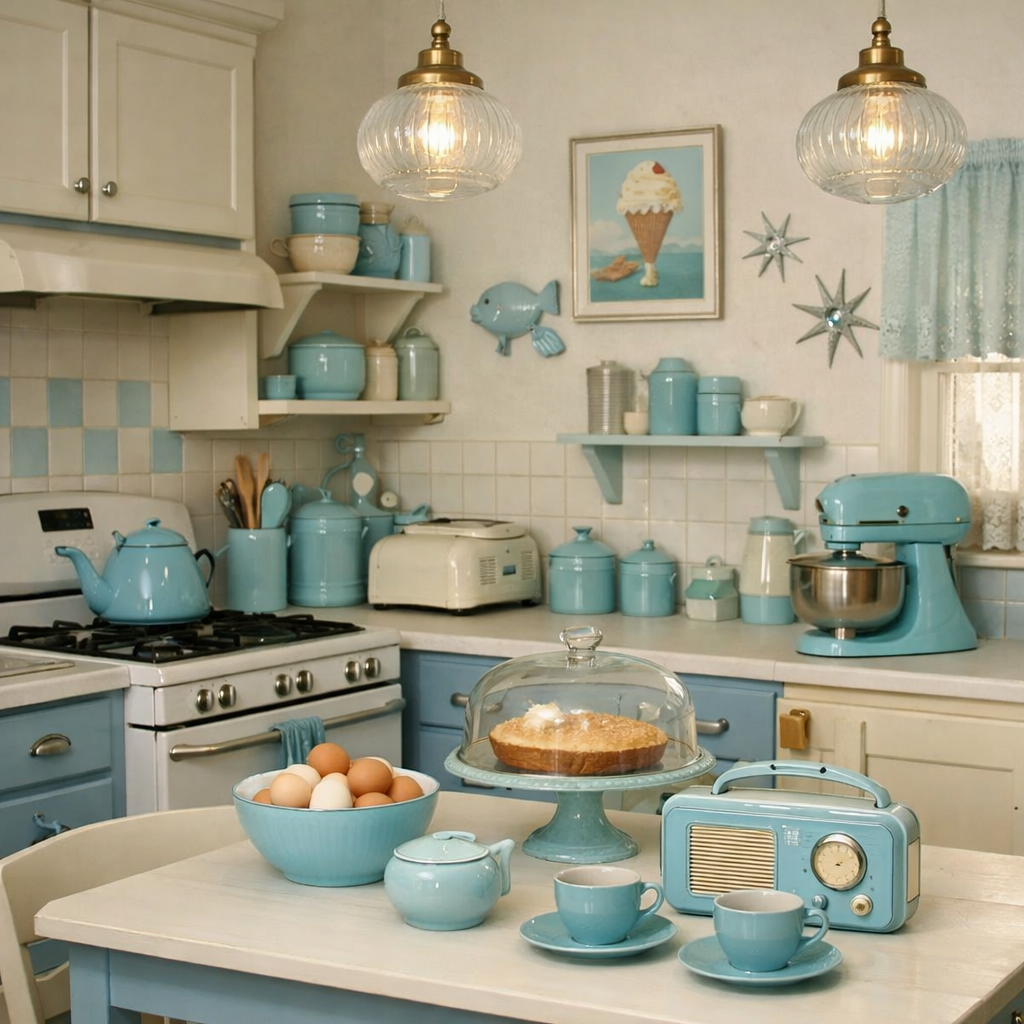 Vintage light blue kitchen with retro decor and baking items
