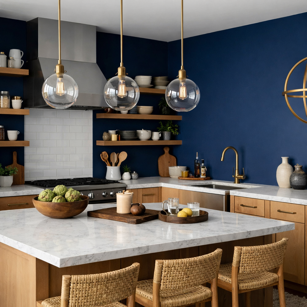 A kitchen featuring a navy blue accent wall with wooden shelves and elegant lighting
