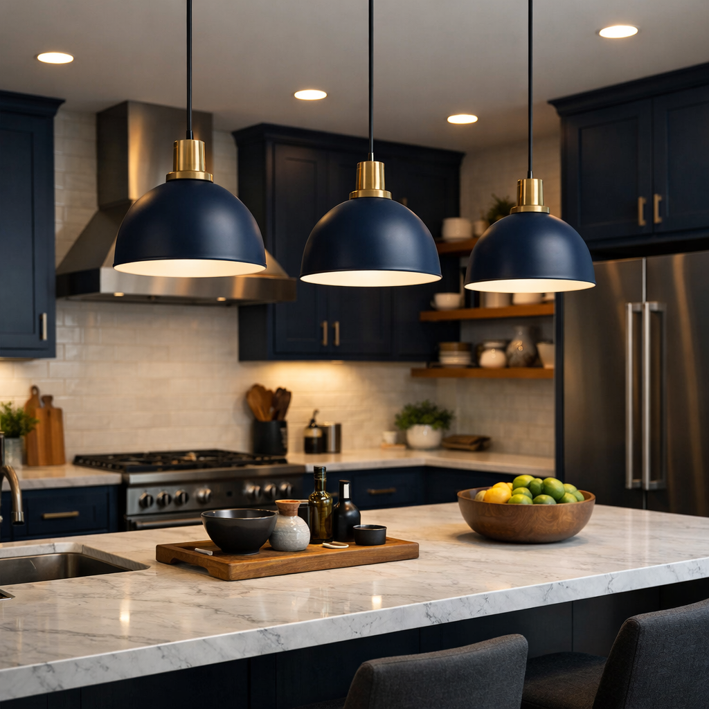 Elegant navy blue pendant lighting fixtures in a modern kitchen with marble countertops and navy cabinets.