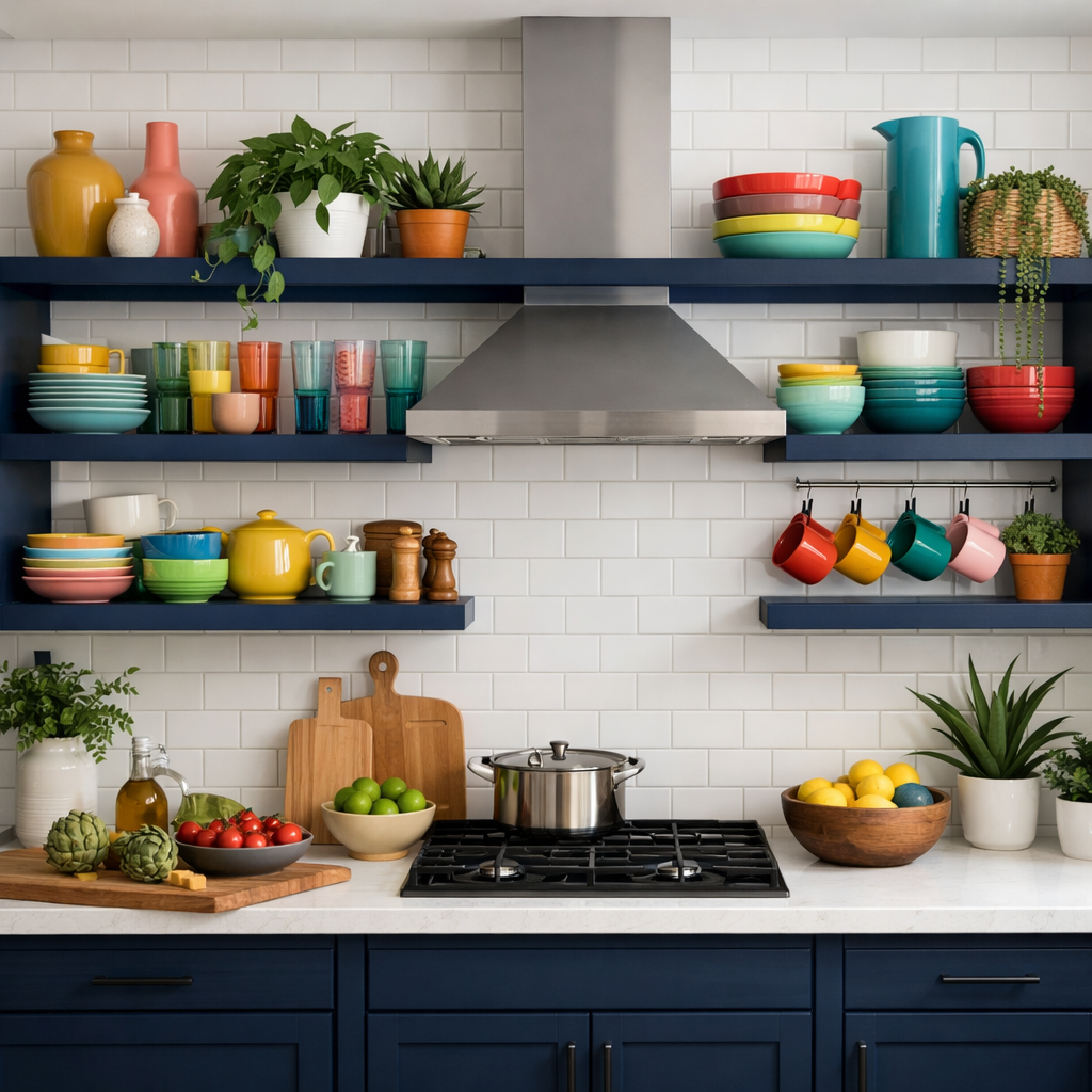 A navy blue kitchen featuring open shelving with colorful dishes and plants