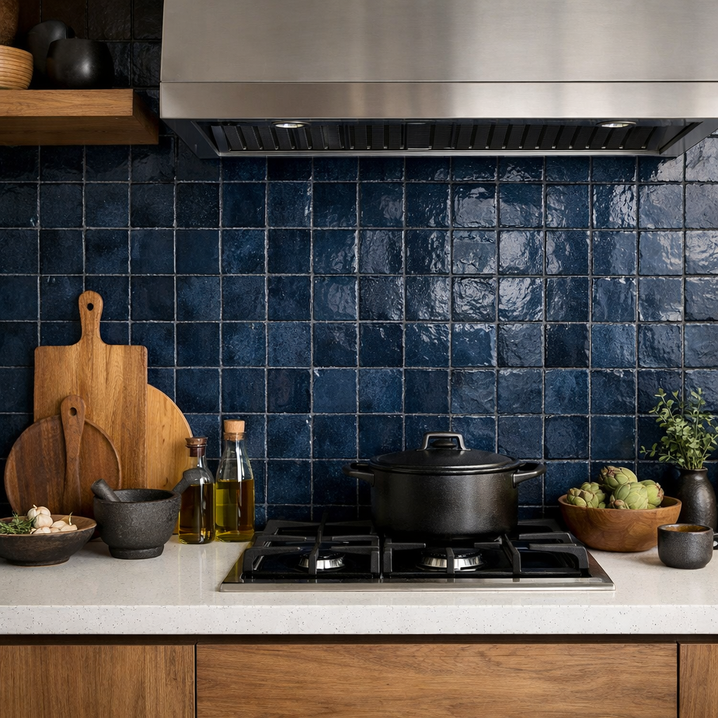 Navy blue textured backsplash in a kitchen with wooden cutting boards and cooking ingredients.