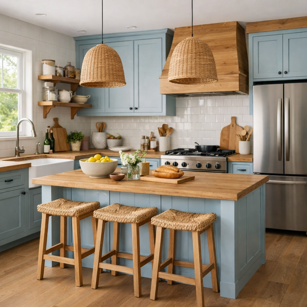 Modern kitchen featuring light blue cabinets and wooden elements.