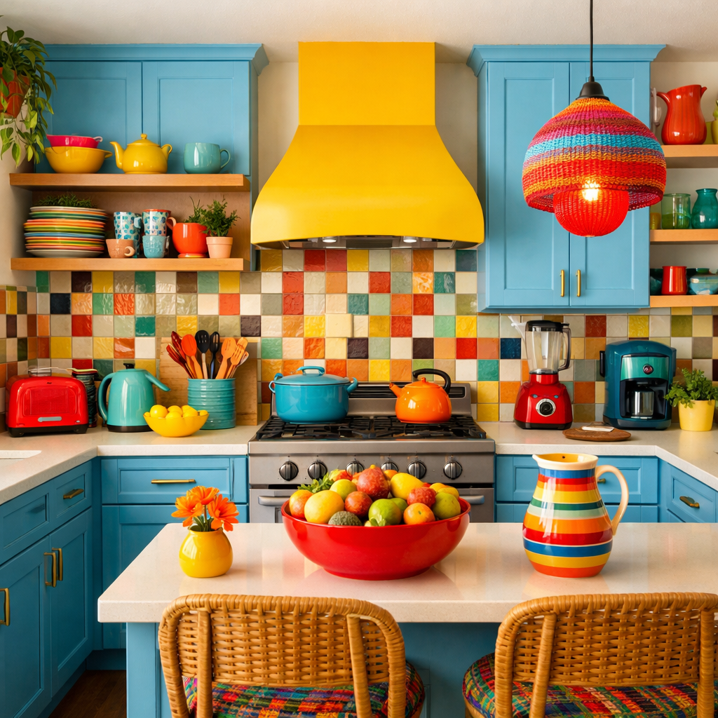 A vibrant kitchen featuring light blue cabinets, a yellow hood, and colorful decor.