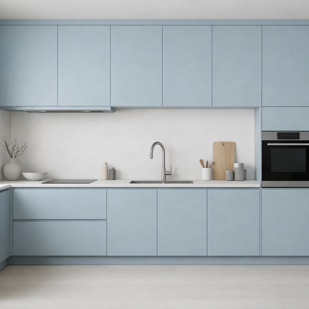 A minimalist kitchen design featuring light blue cabinets and modern appliances