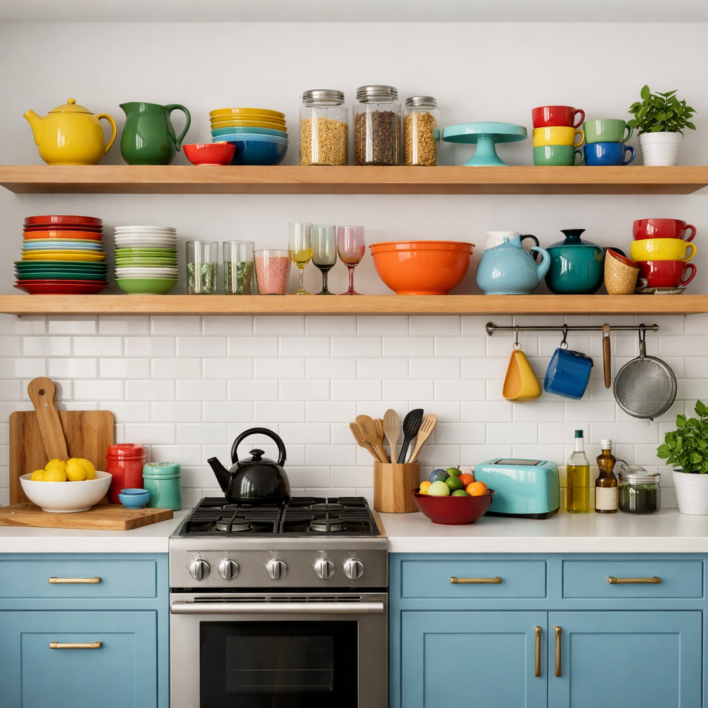 A cozy kitchen with light blue cabinets and open shelving displaying colorful dishware and kitchen tools.