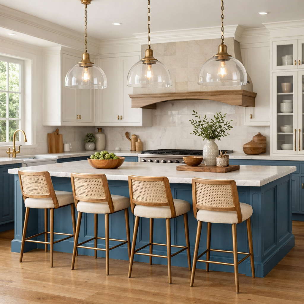 Elegant French blue kitchen island design with marble countertop and stylish bar stools.