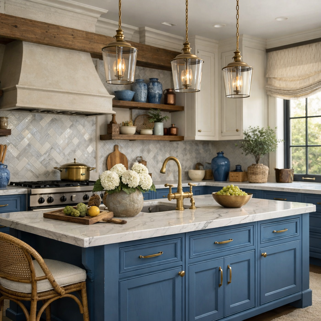 A stylish kitchen featuring French blue cabinets, marble countertops, and decorative accents.