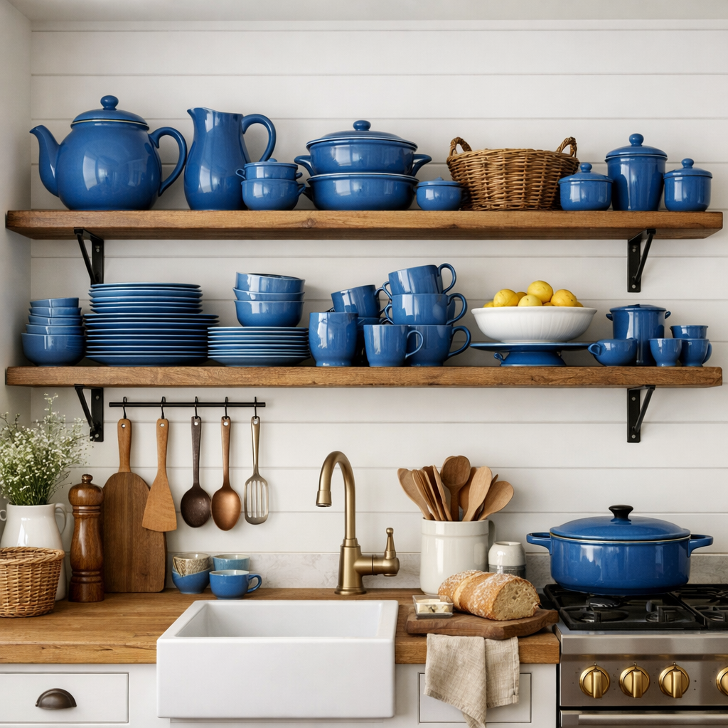 Open shelving in a stylish kitchen displaying a variety of French blue dishes and kitchen utensils.