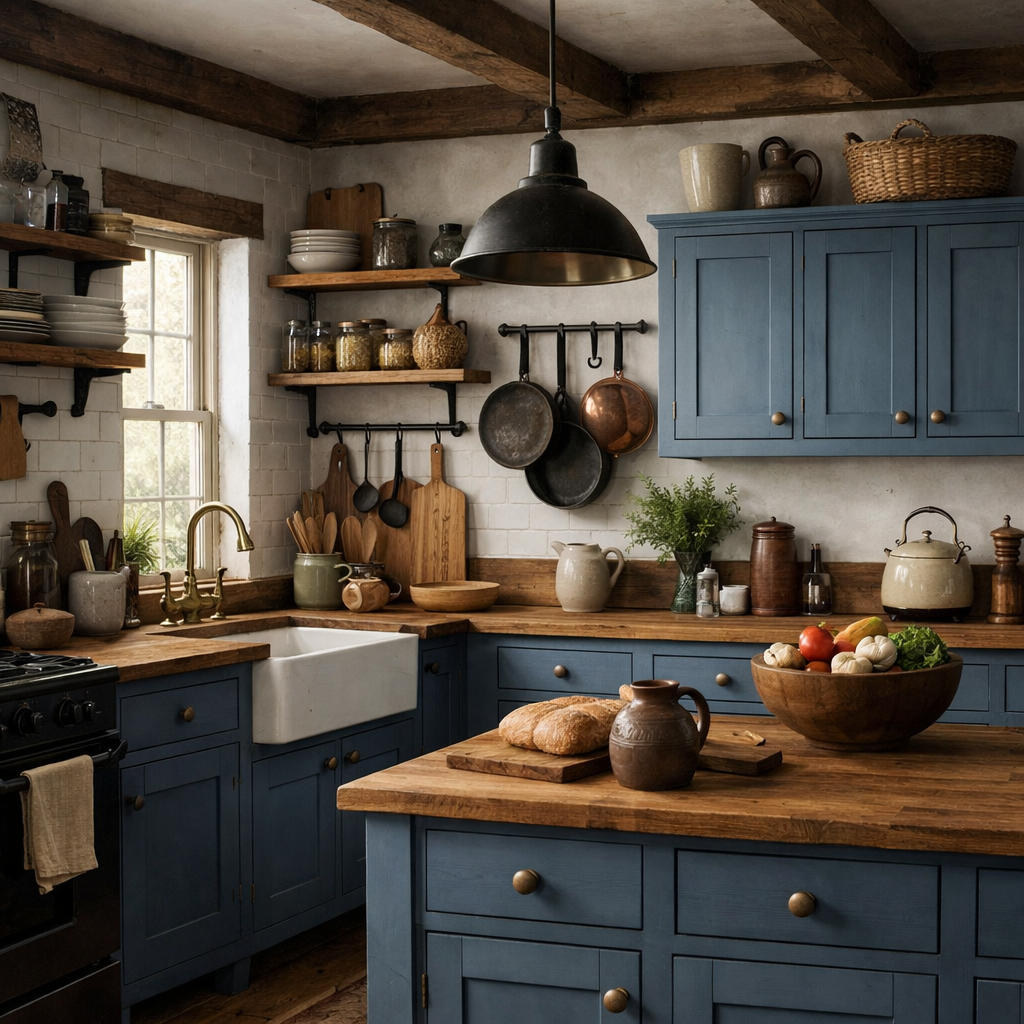 Rustic kitchen with French blue shaker cabinets, wooden countertops, and various kitchen utensils.