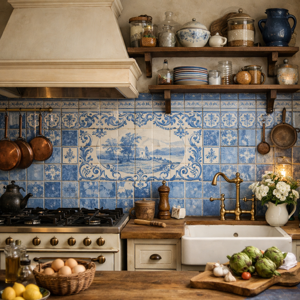 A vintage French blue tile backsplash in a rustic kitchen featuring wooden shelves and pots.