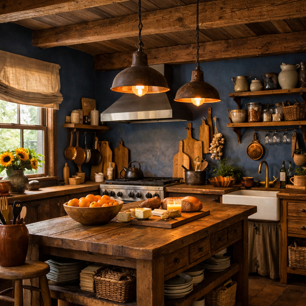 A dark blue kitchen with rustic wooden elements, featuring a large wooden table with oranges and cheese, pendant lights, and open shelves with kitchenware.
