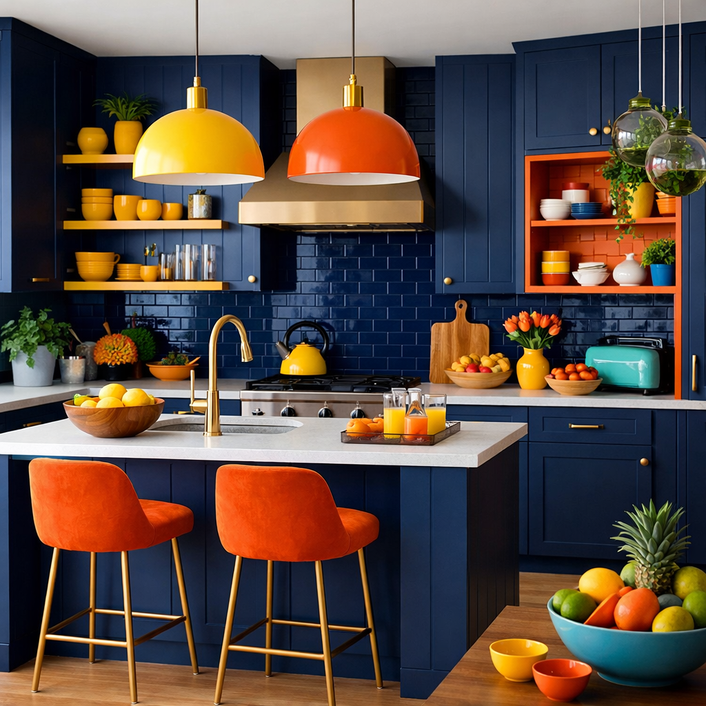 A stylish kitchen featuring dark blue cabinets paired with bright yellow and orange accents. There are colorful fruits, a yellow kettle, and vibrant bar stools.