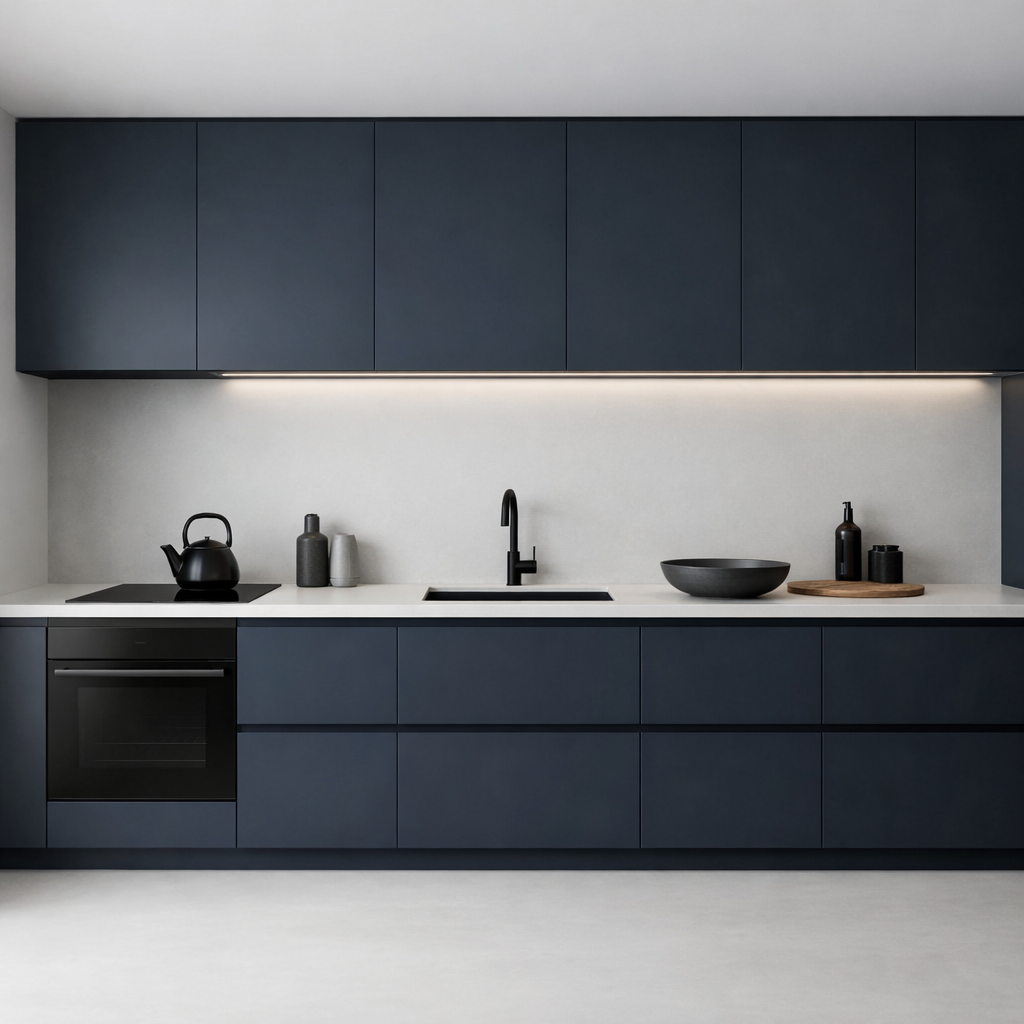 Minimalist dark blue kitchen with sleek cabinetry and simple accessories.