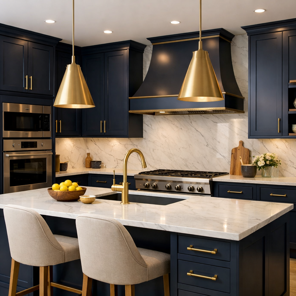 Navy kitchen cabinets with gold accents, featuring a marble countertop and pendant lights.