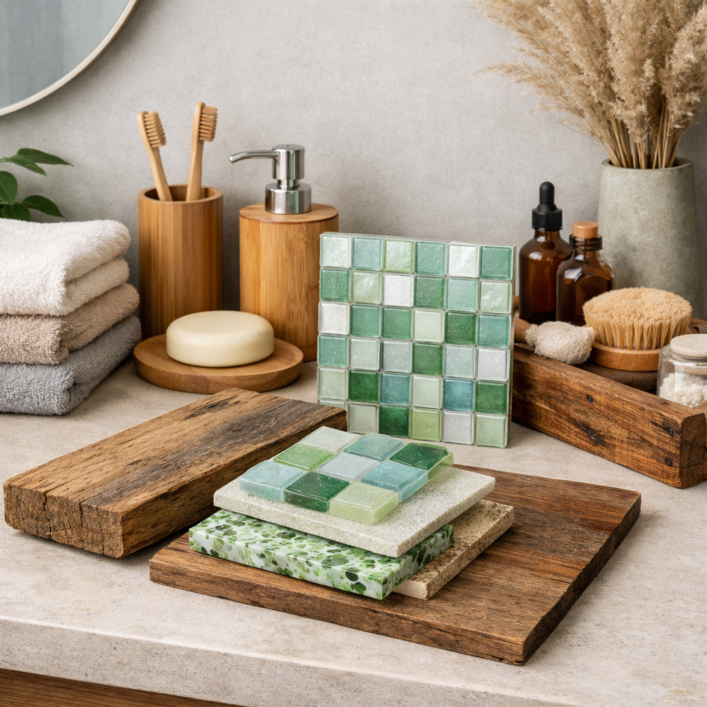A beautifully arranged eco-friendly bathroom featuring natural materials like wooden trays, bamboo toothbrush holders, and colorful glass tiles.