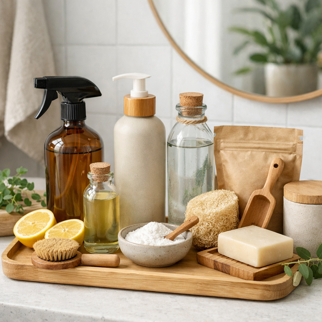 A selection of eco-friendly cleaning products arranged on a wooden tray in a bathroom setting.