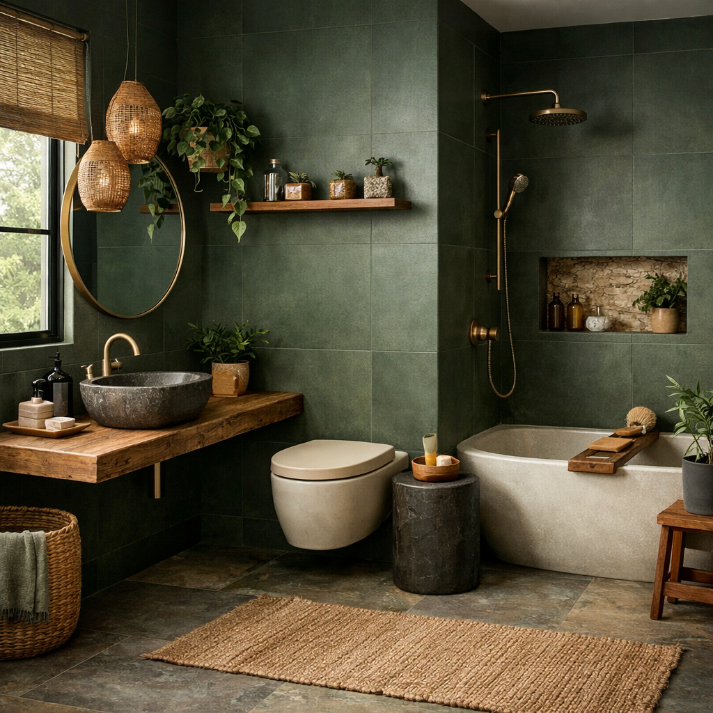 Dark green bathroom with wooden elements, plants, and natural textures.