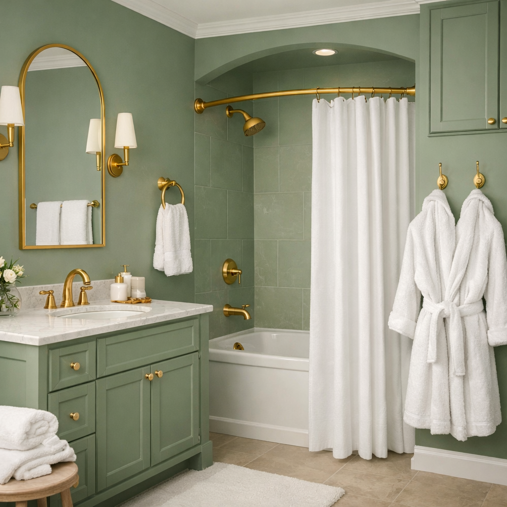 A sage green bathroom featuring white towels and gold fixtures.