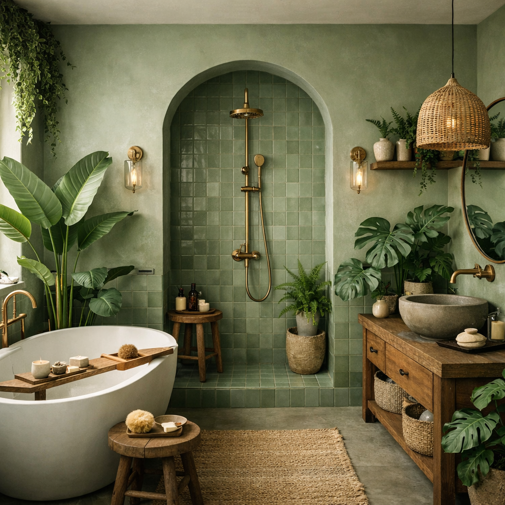 A stylish sage green bathroom featuring plants, a freestanding bathtub, and natural elements.