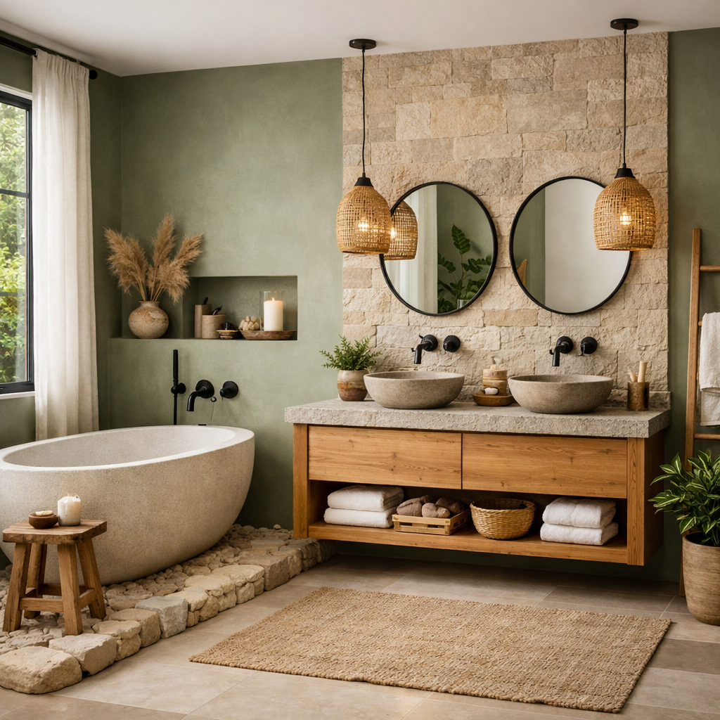 A serene sage green bathroom featuring stone and wood elements