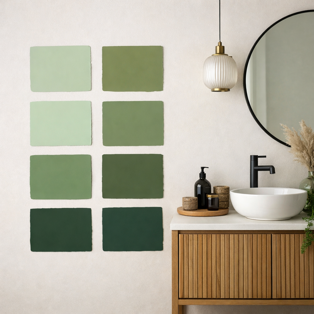 Various shades of green paint samples on a wall next to a stylish bathroom vanity.