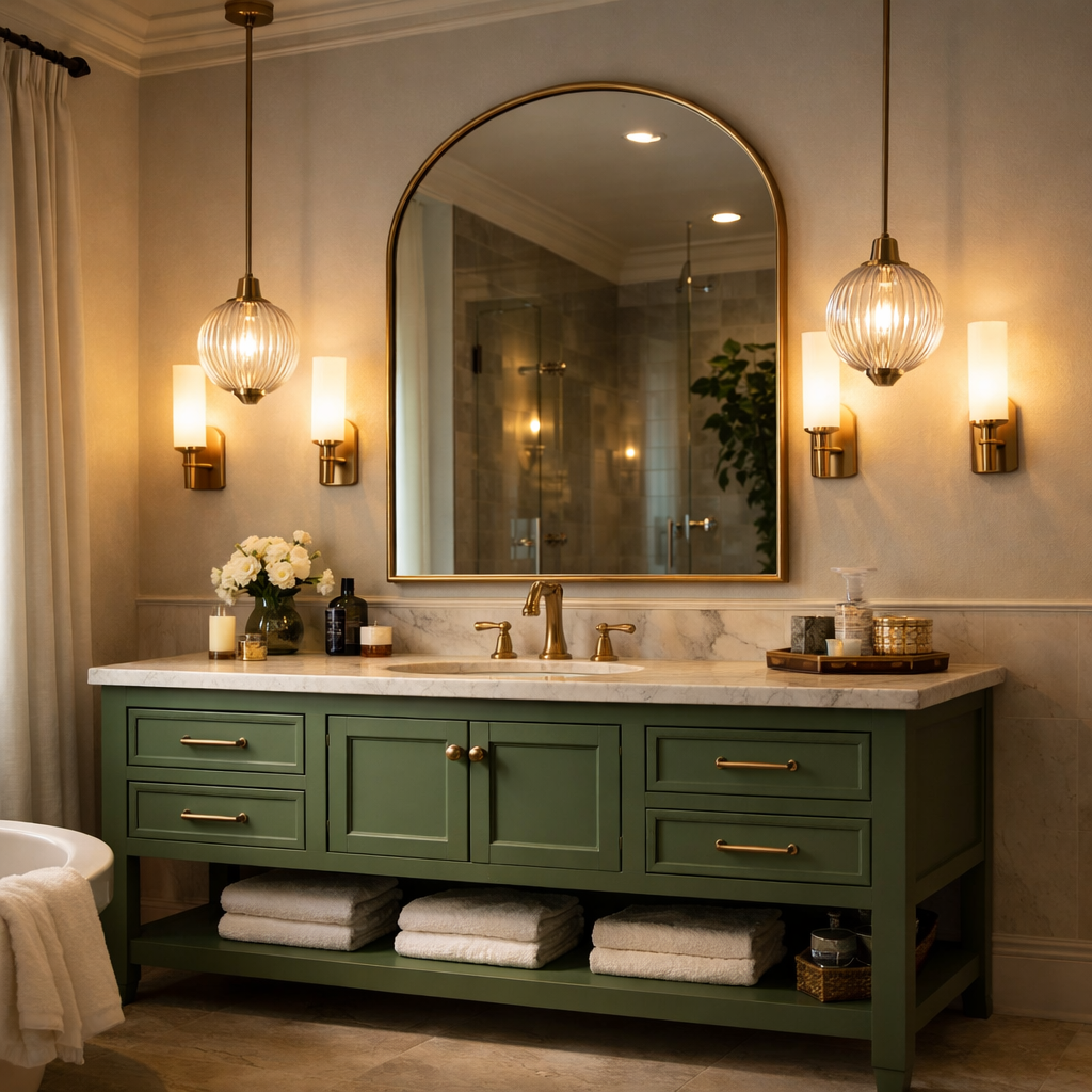 A stylish green bathroom vanity with warm lighting and decorative elements.