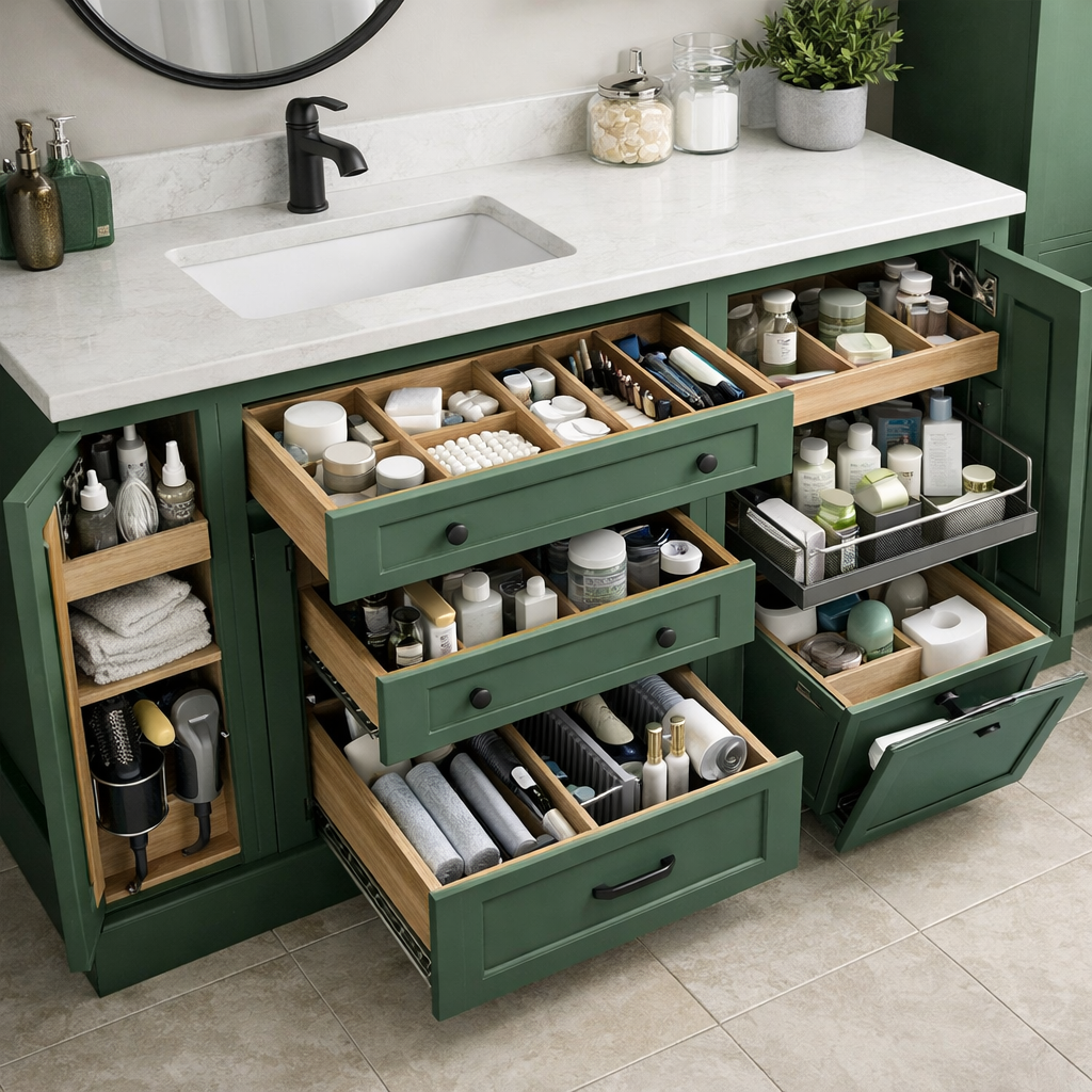 A green bathroom vanity with organized storage drawers and open shelving.