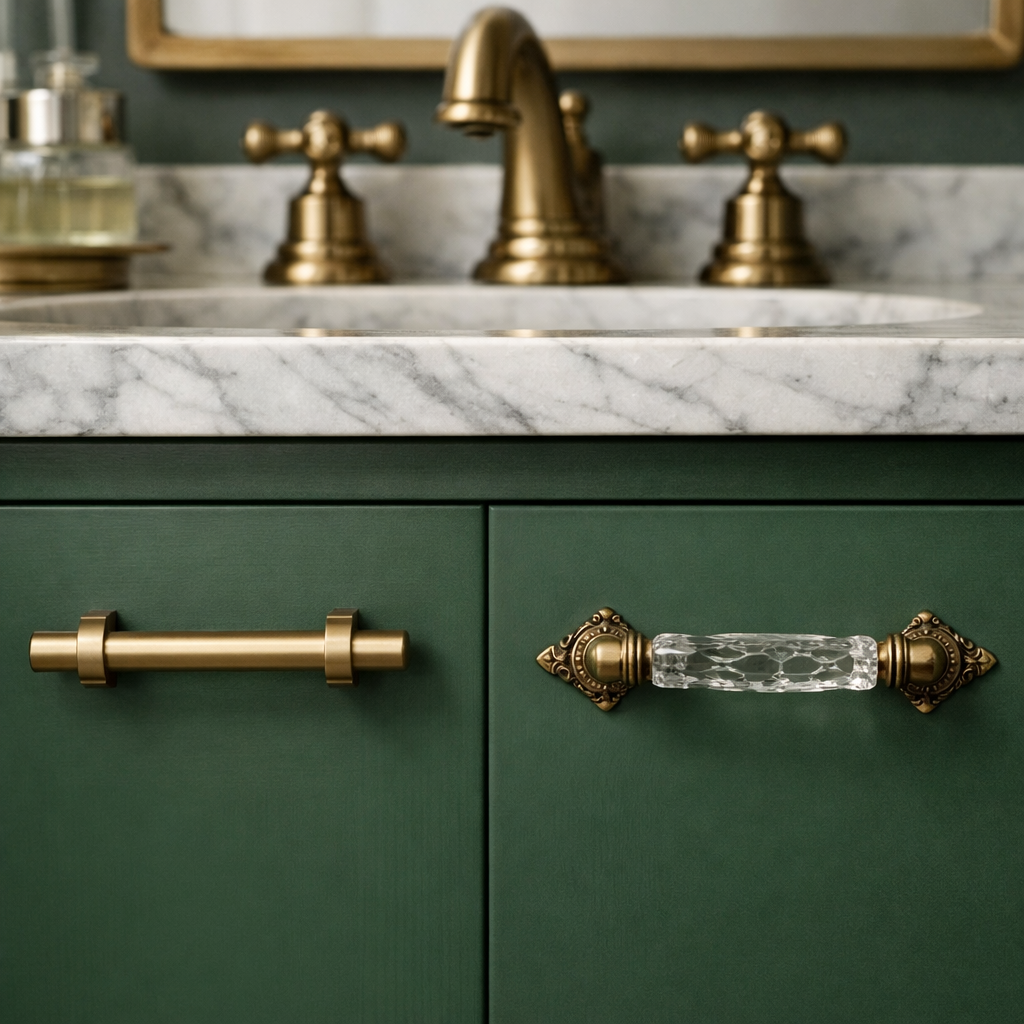 Stylish green bathroom vanity with gold and glass hardware