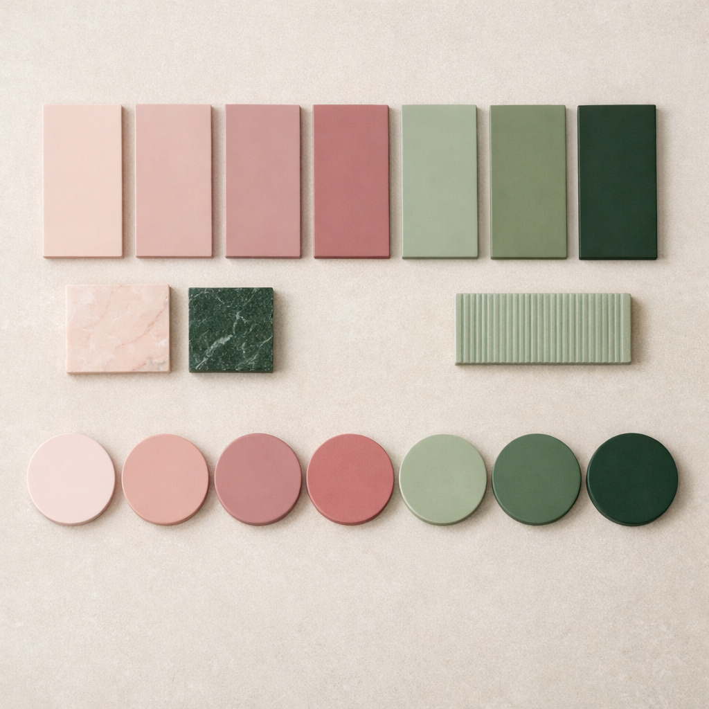 A selection of pink and green tiles and color swatches for bathroom design.