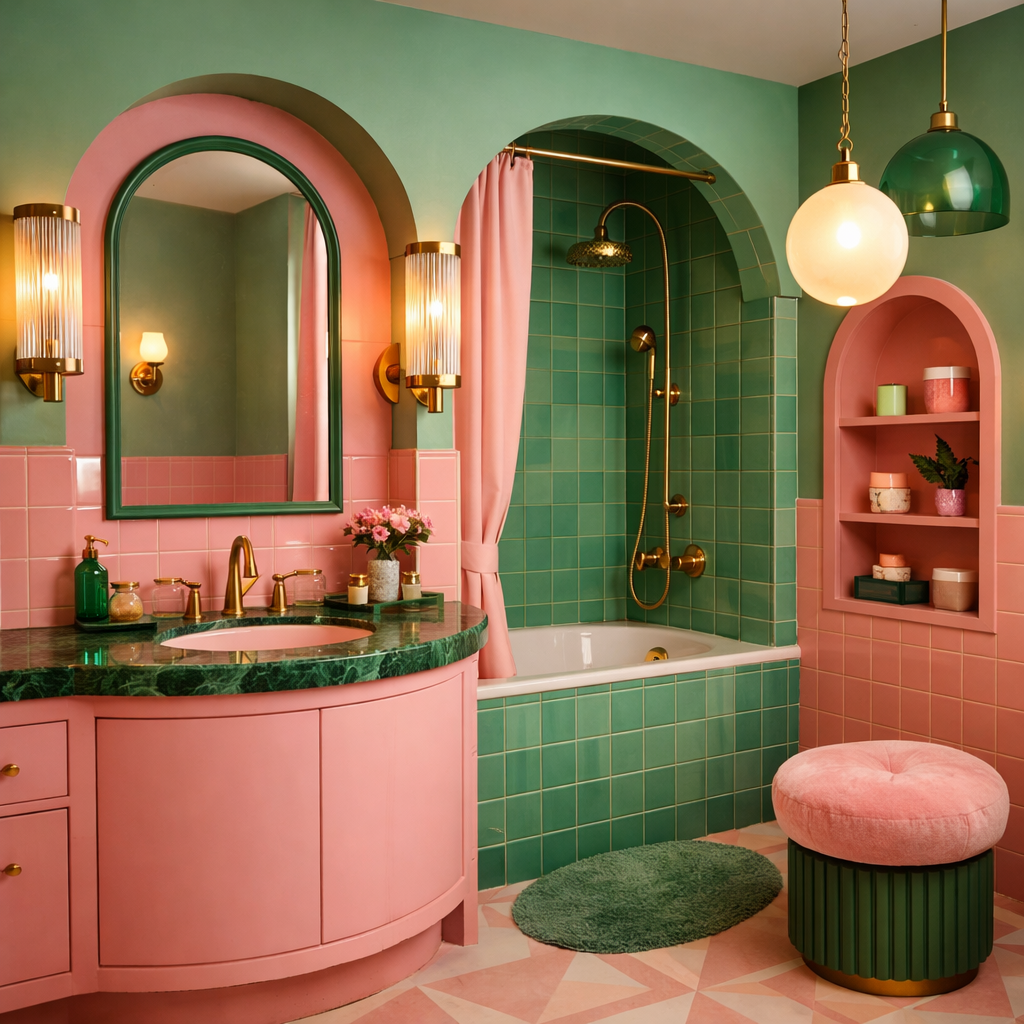 A beautifully designed pink and green bathroom featuring elegant lighting fixtures.
