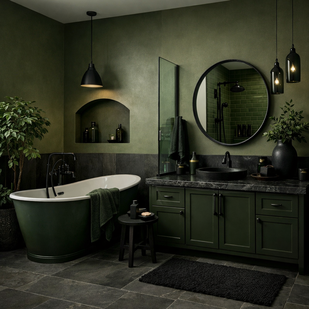 A bathroom featuring olive green walls, dark accents, and natural elements, showcasing depth with darker shades.