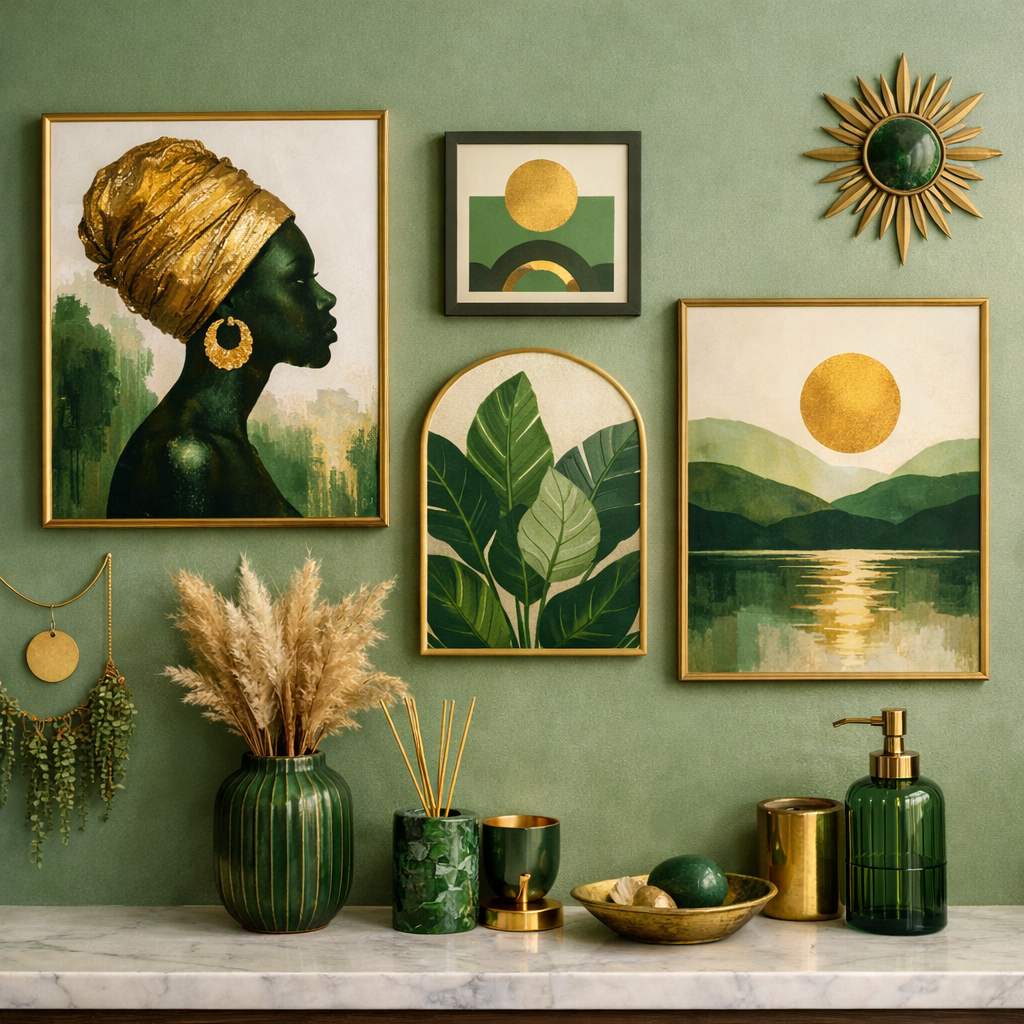 An artistic display of green and gold bathroom decor featuring paintings and decorative items.