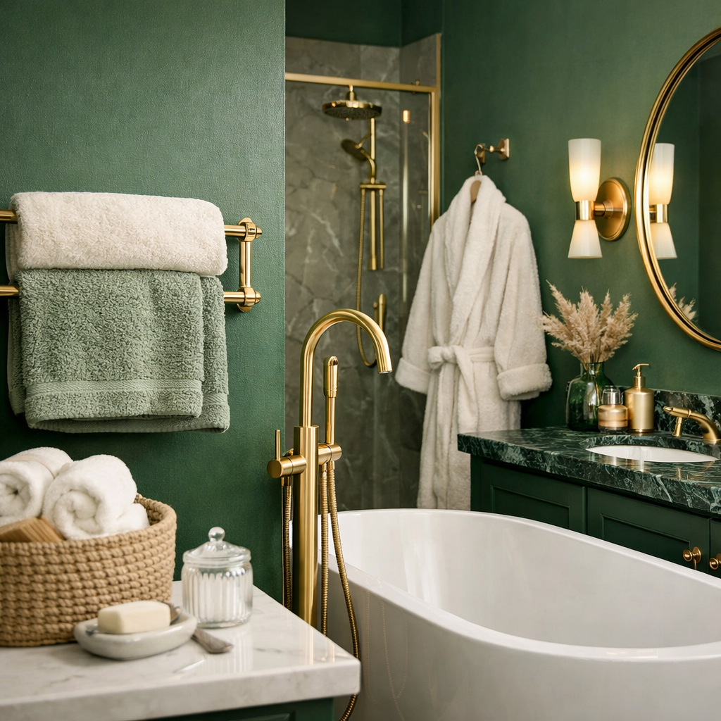 An inviting green and gold bathroom with various textures including soft towels and elegant fixtures.