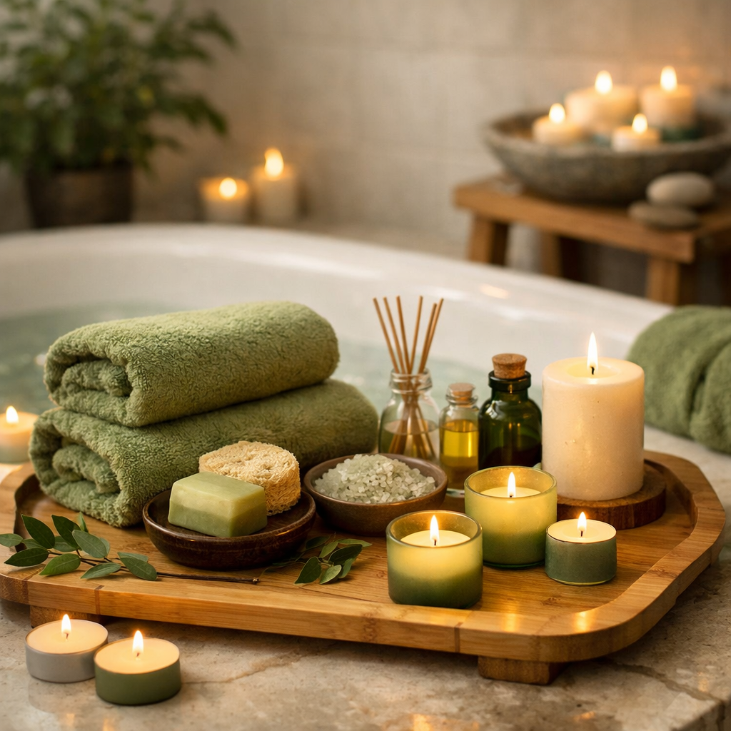 A spa-like bathroom setup featuring green towels, candles, and bath essentials.