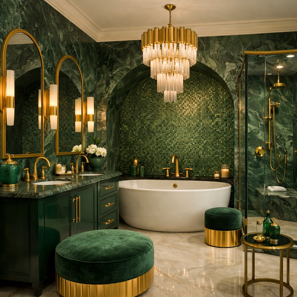 An elegant bathroom featuring a green and gold color palette.