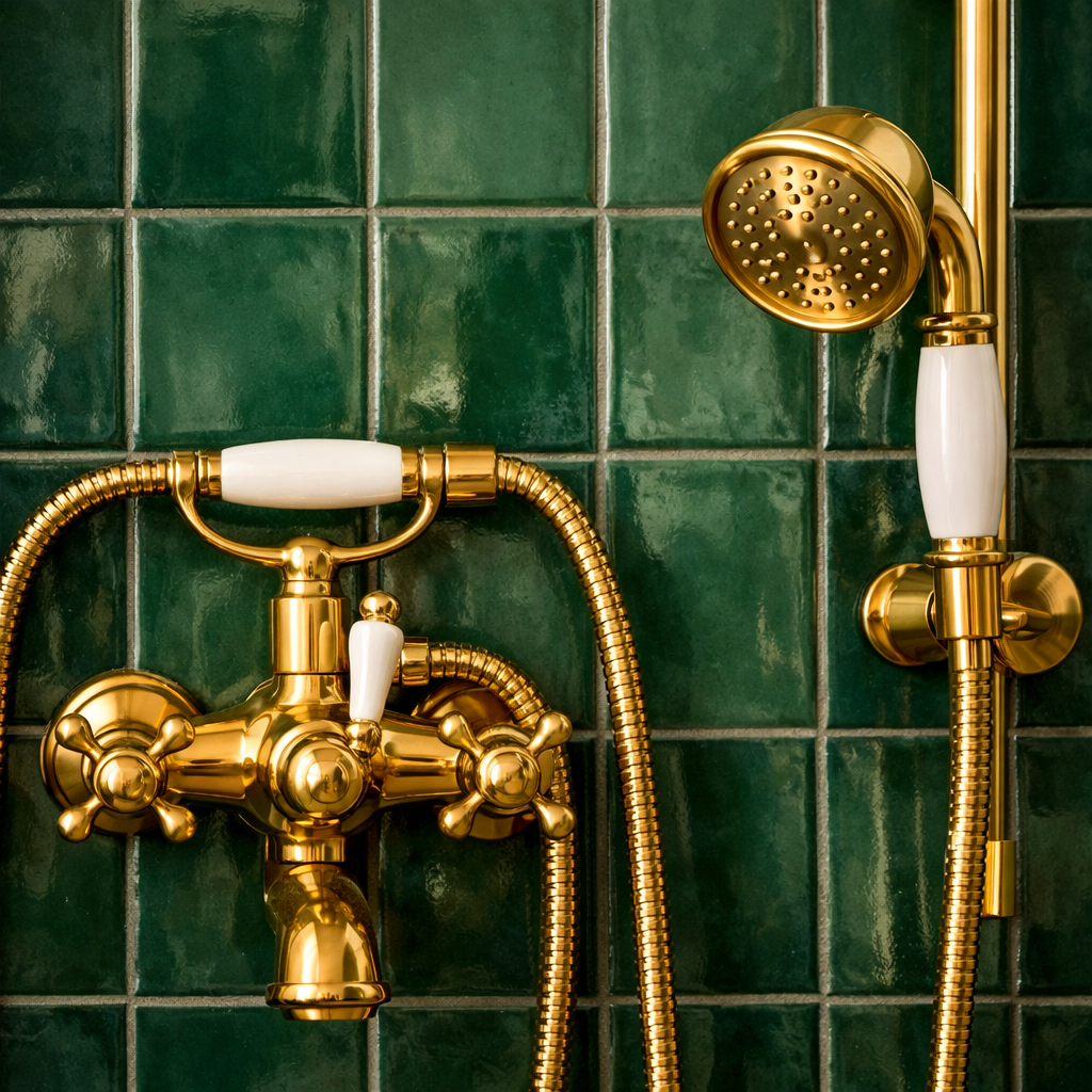 A luxurious gold shower fixture against green tiles