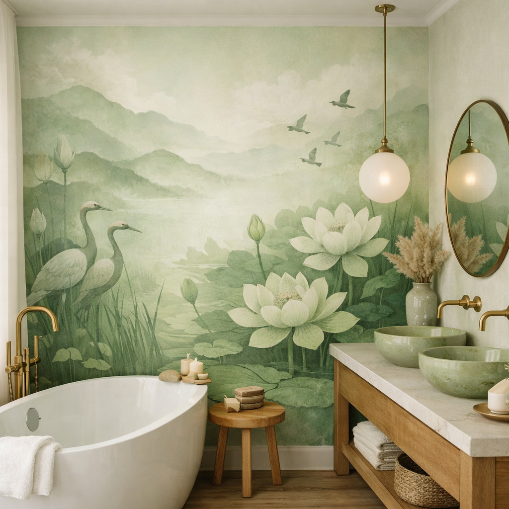 A light green bathroom with artistic wall art featuring cranes and lotus flowers.