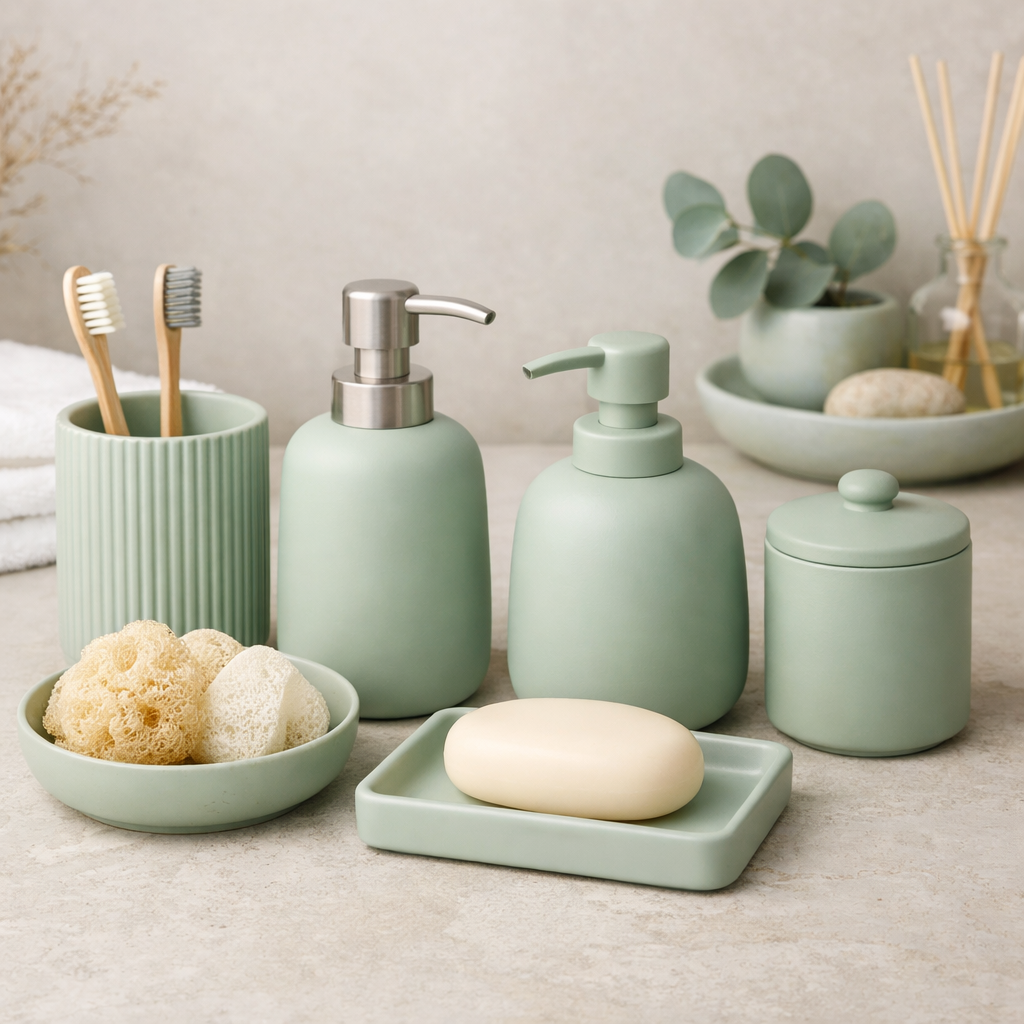 Collection of light green bathroom accessories including soap dispensers, textured holders, natural sponges, and a soap dish.