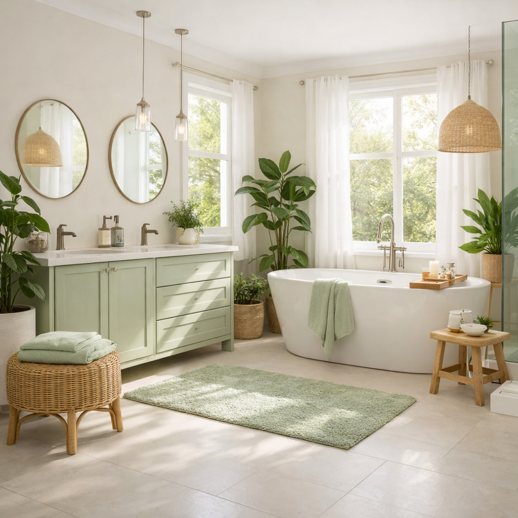 A light green bathroom with natural light and greenery, featuring large windows, plants, and soft textiles.