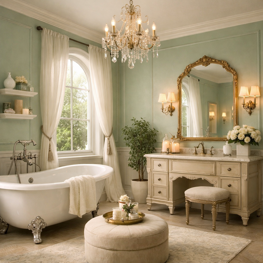 A beautifully designed bathroom with mint green walls, elegant chandelier, and classic decor.
