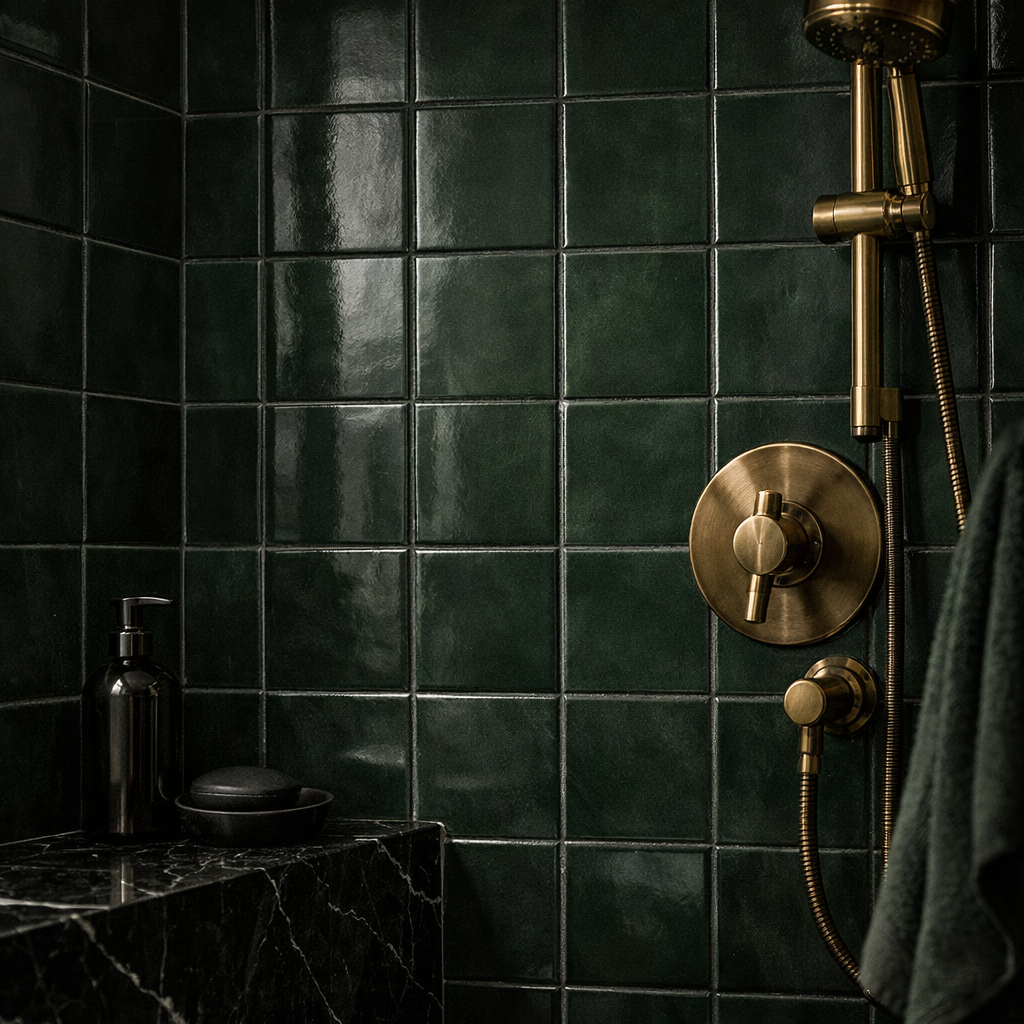 Close-up of dark green bathroom tiles with brass fixtures