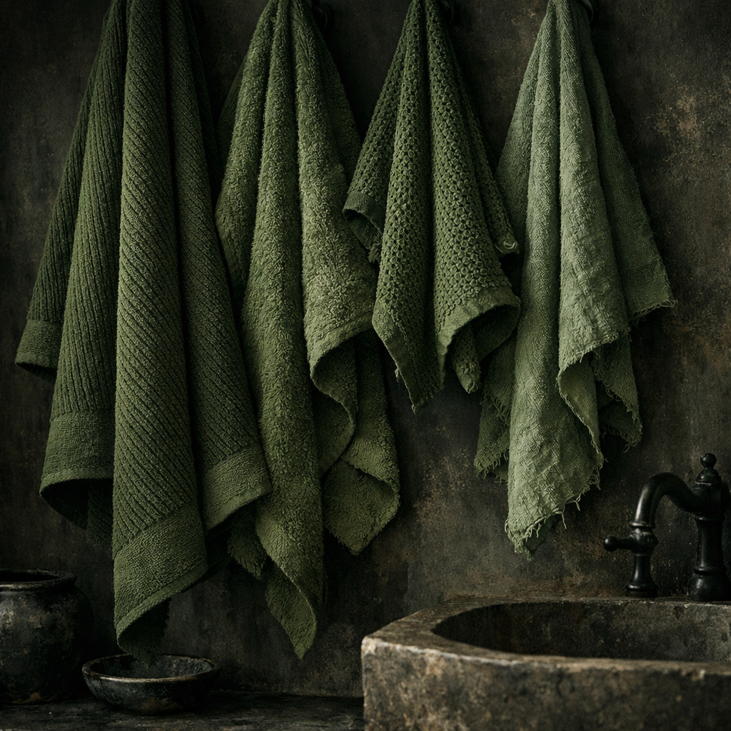 Green towels hanging on a rustic wall with a dark stone sink.