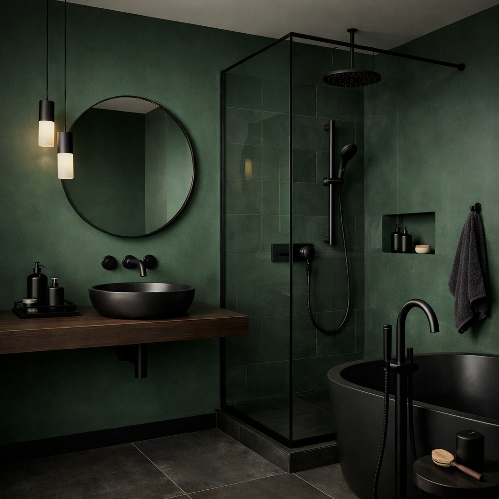 A stylish bathroom featuring matte black fixtures against a green wall.