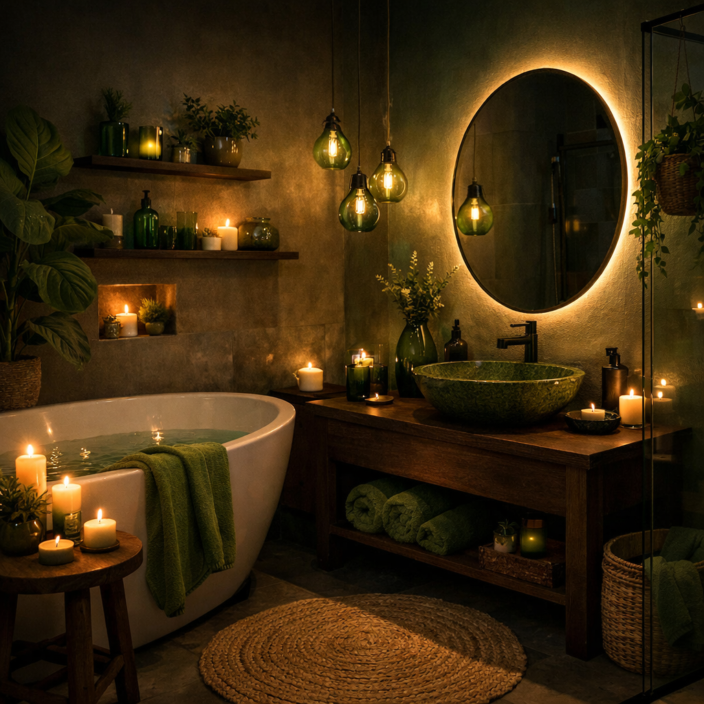 A beautifully lit moody green bathroom with plants, candles, and a modern feel.